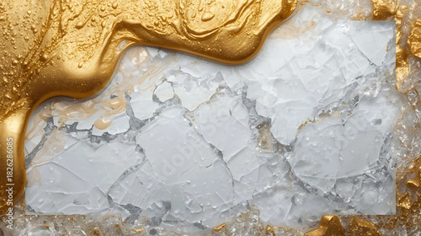 Fototapeta Abstract gold liquid flowing over fractured white ice texture art.