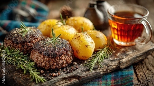 Fototapeta A rustic composition featuring traditional Scottish haggis alongside buttered potatoes, garnished with rosemary, and complemented by a warm drink on aged wood