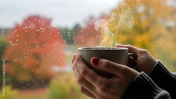 Fototapeta Hands holding a warm drink near window with blurred autumn view outside, soft natural ambient lighting creating cozy mood. 