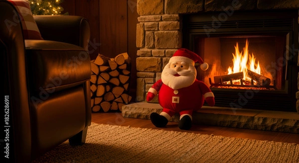 Obraz Santa claus plush toy sits near a warm fireplace in a cozy living room during the christmas season, creating a festive and inviting atmosphere.