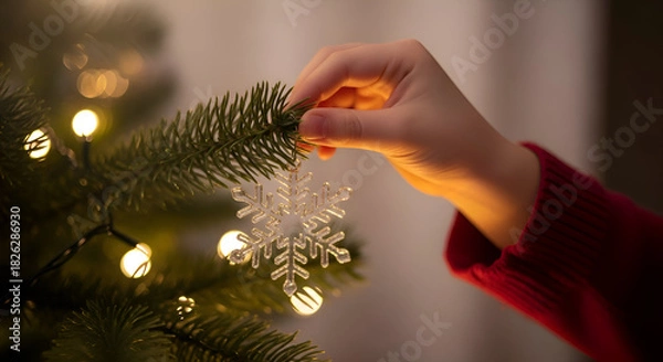 Obraz Child delicately hangs a snowflake ornament on a Christmas tree branch adorned with warm glowing lights, creating a festive and heartwarming holiday scene.