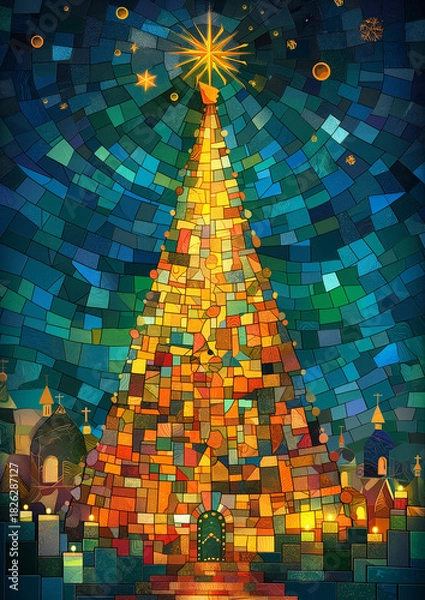 Obraz mosaic-style Christmas night scene featuring a glowing Christmas tree made of colorful tiles, surrounded by festive elements and a serene holiday atmosphere. It combines vibrant colors, intricate patt