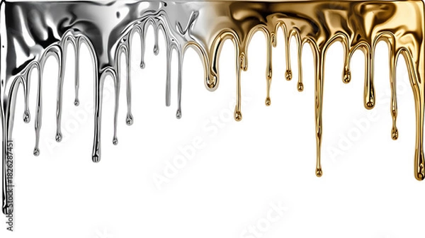 Fototapeta Silver and gold metallic liquid drips flowing down, abstract render