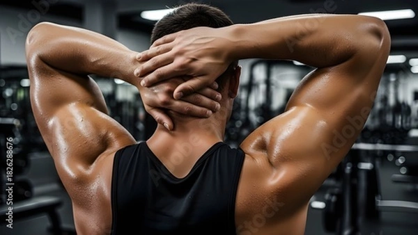 Fototapeta Close Up of Bodybuilder Athlete Stretching With Gym Equipment in Background