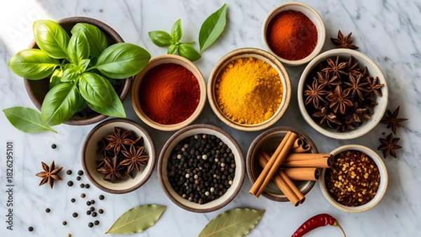 Fototapeta variety of colorful spices and herbs in bowls on white background