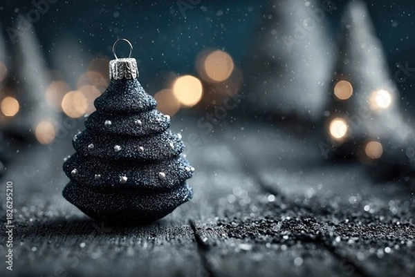 Obraz Black glitter Christmas tree ornament on snowy surface with bokeh lights, elegant festive still life ideal for luxury winter campaigns.