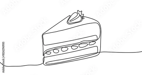 Obraz Drawing of a slice of cake with a strawberry in one line art style. Dessert illustration with editable stroke on a white background. Vector illustration.