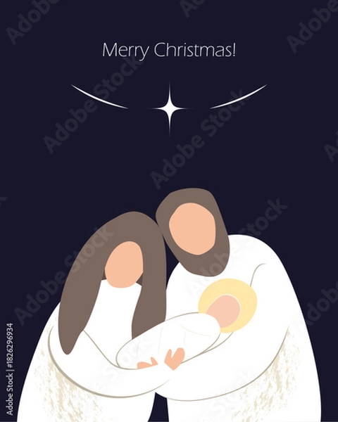 Fototapeta Christmas nativity scene of baby Jesus, Mary and Joseph. Hand drawn stylized bible illustration clipart isolated. Cartoon vector illustration in Scandinavian style