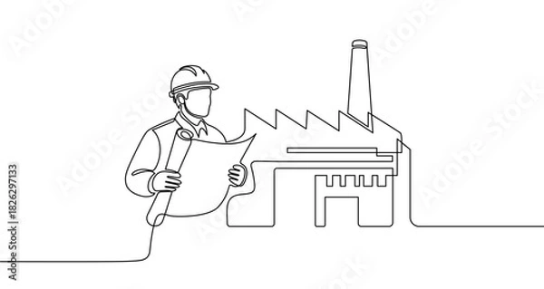 Obraz Drawing of an engineer in a hard hat with a blueprint in front of a factory in one line art style. Illustration with editable stroke. Vector illustration.