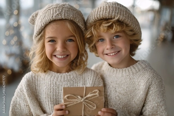 Fototapeta Two smiling children in knitted sweaters holding wrapped gift, cozy winter scene ideal for holiday campaigns, family concepts, and lifestyle design.