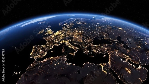 Fototapeta Earth at night showing european continent with glowing city lights from space, illustrating global connectivity and urbanization.
