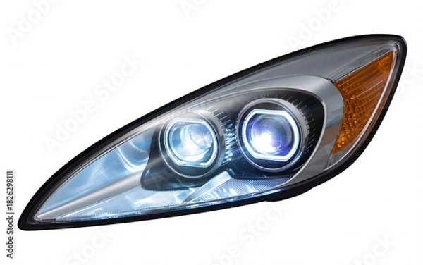 Fototapeta Close up of a modern car headlight with bright led lights on a white background studio shot