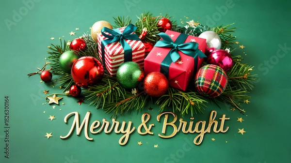 Obraz Festive christmas arrangement with gifts ornaments and merry and bright text on a green background