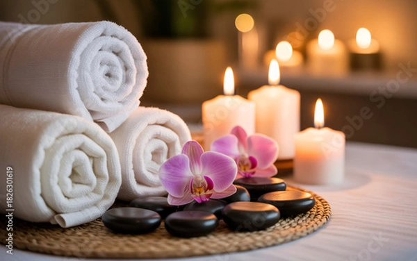 Fototapeta Still life of spa arrangement with towels orchids candles and stones on a woven mat at a spa setting
