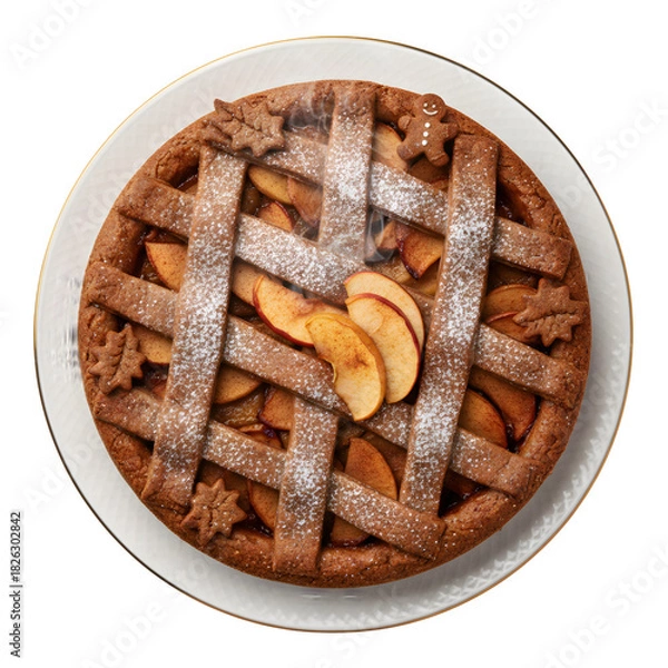 Obraz Warm Lattice-Topped Apple Pie with Gingerbread Crust Decorations and Powdered Sugar isolated on a transparent background 