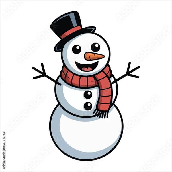 Fototapeta Friendly snowman with carrot nose and coal eyes isolated vector illustration on white background