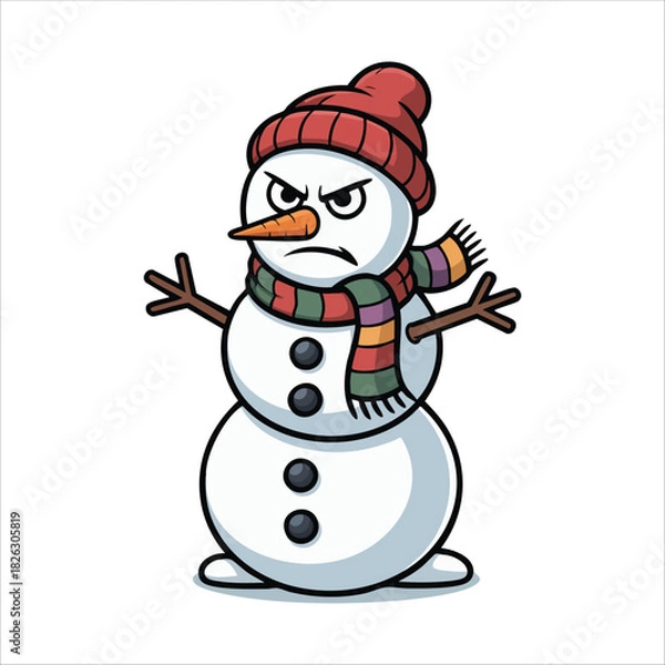 Obraz angry snowman with carrot nose and coal eyes isolated vector illustration on white background