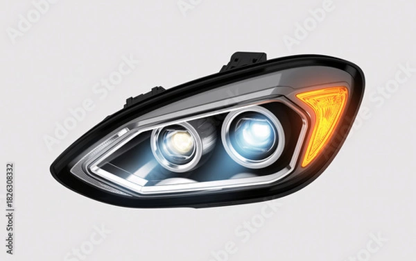 Fototapeta Close up of a modern car headlight assembly with bright white lights and orange turn signal