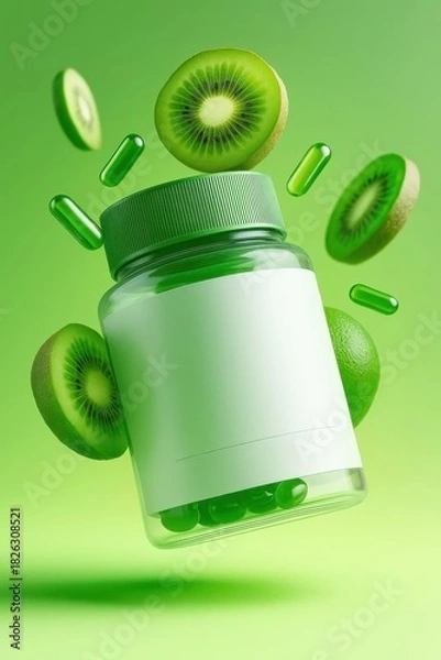Fototapeta Vitamin Supplement Bottle with Kiwi Slices and Capsules