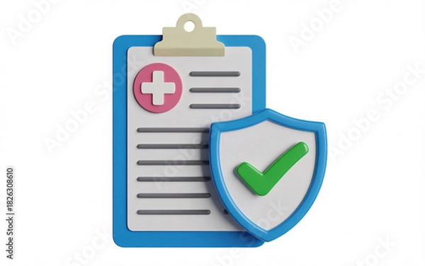 Obraz A health insurance clipboard with a pink cross and a green checkmark shield on a white background