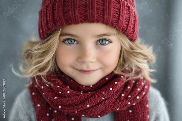 Obraz Smiling girl in red knitted hat and scarf looking at camera in soft snow, heartwarming winter portrait ideal for Christmas campaigns and family ads.