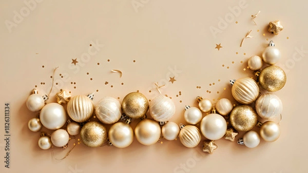 Obraz Arrangement of gold and white christmas ornaments with star shaped confetti on a cream background
