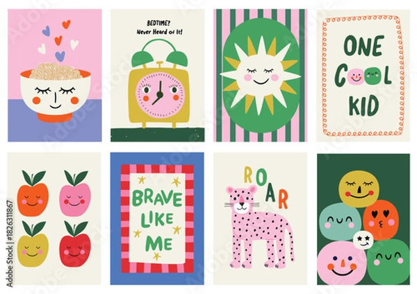 Fototapeta Nursery wall art collection of playful cute food characters, sleepy sun, smiling apples, leopard and positive quotes. Ideal for posters, prints, décor, and educational art for toddlers and young kids.