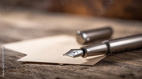 Obraz nib. An elegant fountain pen on a wooden surface with warm lighting and minimalist style. lifestyle magazines, social media lookbooks, designed for lifestyle magazines and social media content.
