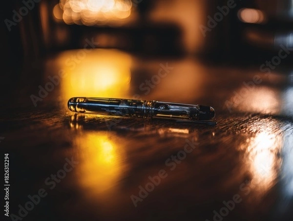Fototapeta nib. An elegant fountain pen on a wooden surface with warm lighting and minimalist style. lifestyle magazines, social media lookbooks, designed for lifestyle magazines and social media content.