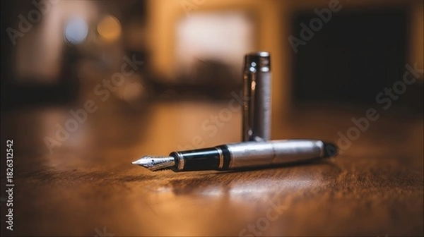 Obraz nib. An elegant fountain pen on a wooden surface with warm lighting and minimalist style. lifestyle magazines, social media lookbooks, designed for lifestyle magazines and social media content.