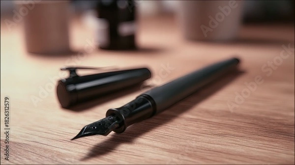 Fototapeta nib. An elegant fountain pen on a wooden surface with warm lighting and minimalist style. lifestyle magazines, social media lookbooks, designed for lifestyle magazines and social media content.