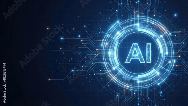 Fototapeta Glowing ai text inside a circle with circuit patterns and lights on a dark blue gradient background