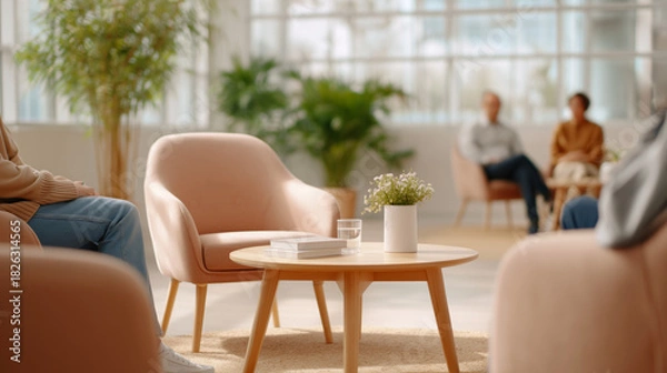 Fototapeta Soft pink armchairs arranged in a bright modern meeting space with a wooden table, books and plants, conveying a concept of group discussion