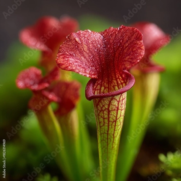 Obraz Close-up of vibrant red pitcher plants in natural habitat.