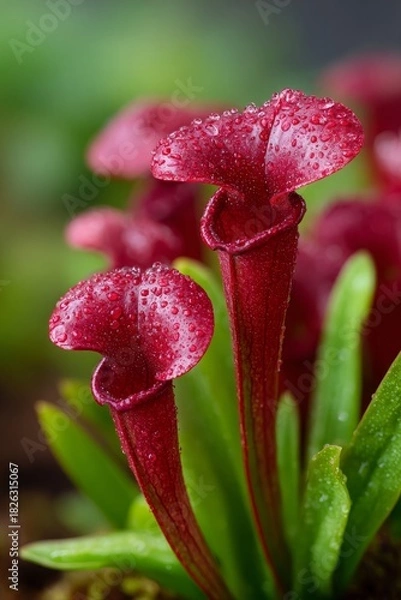 Obraz Close-up of a red carnivorous pitcher plant with droplets.
