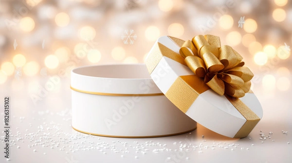 Fototapeta Elegant round gift box with golden ribbon sitting open amid soft glowing lights conveys a festive concept of joyful anticipation and seasonal holiday surprise