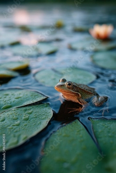 Obraz Frog resting on a lily pad in a tranquil pond at sunset.