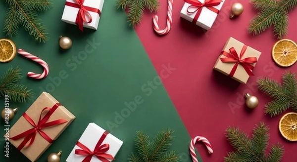 Fototapeta Minimalist Christmas Flat Lay with Green and Red Background