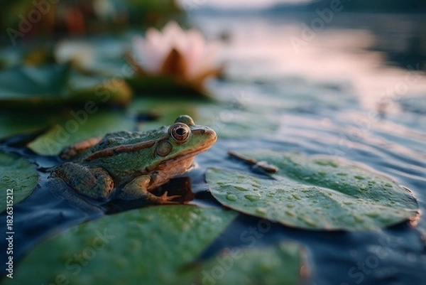 Obraz A frog sits on a lily pad in a tranquil lake at sunset.