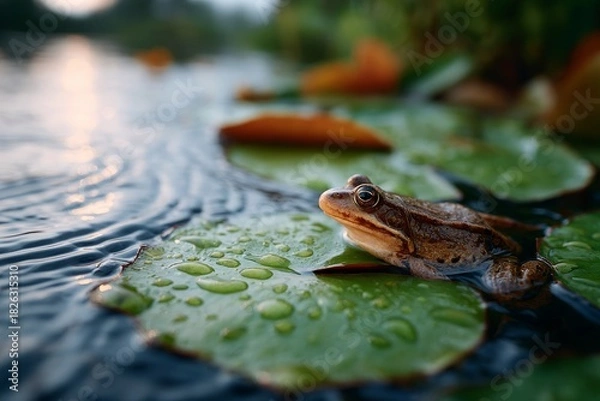 Obraz Frog resting on a lily pad in a tranquil pond setting.