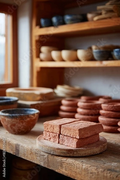 Obraz Cozy pottery workshop with clay bowls and decorative items.