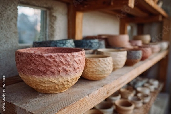 Obraz Handcrafted pottery bowls on wooden shelves in sunlight