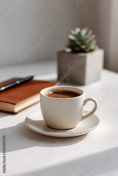 Obraz Cup of coffee and succulent on desk with notebook and pen.