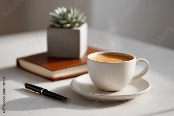 Obraz Cozy morning coffee on desk with notebook, pen, and succulent.