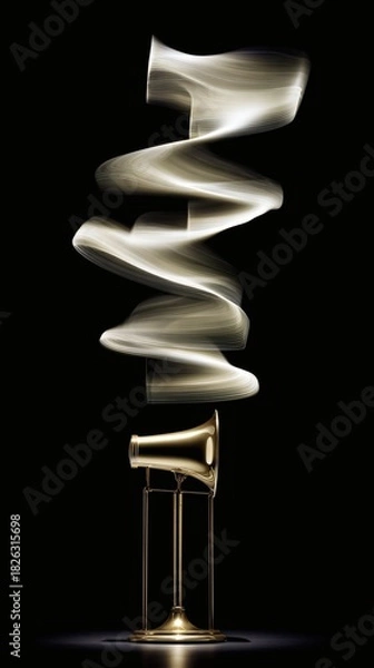 Obraz amplifier. Vintage brass megaphone with sound wave visualization, representing communication concept. product launch decks.