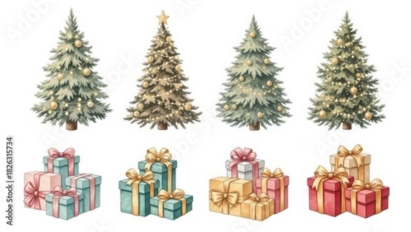 Fototapeta Watercolor christmas trees adorned with lights and baubles alongside assorted gift boxes for festive holiday season designs and greetings