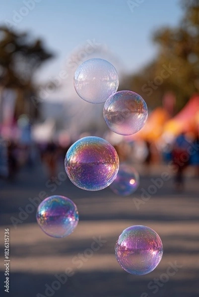 Obraz Floating bubbles on a sunny street, creating playful reflections.