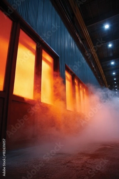 Obraz Industrial interior with glowing orange light and smoke