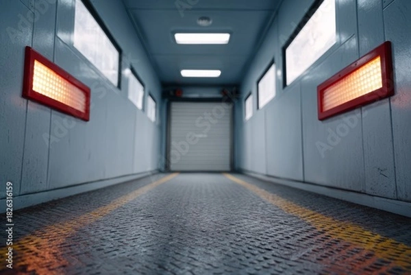 Obraz Industrial corridor with lights and windows, modern and symmetrical.