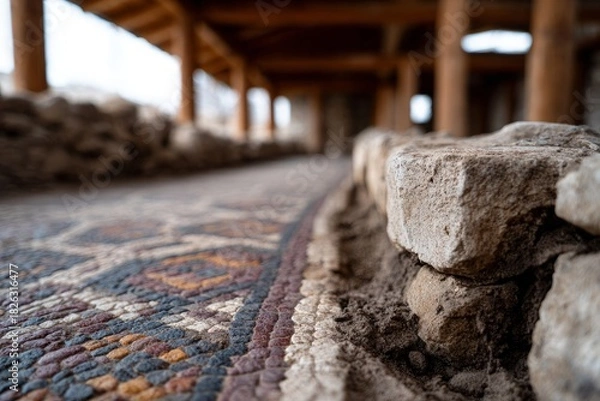 Obraz Close-up of ancient mosaic floor with stone wall in ruins.